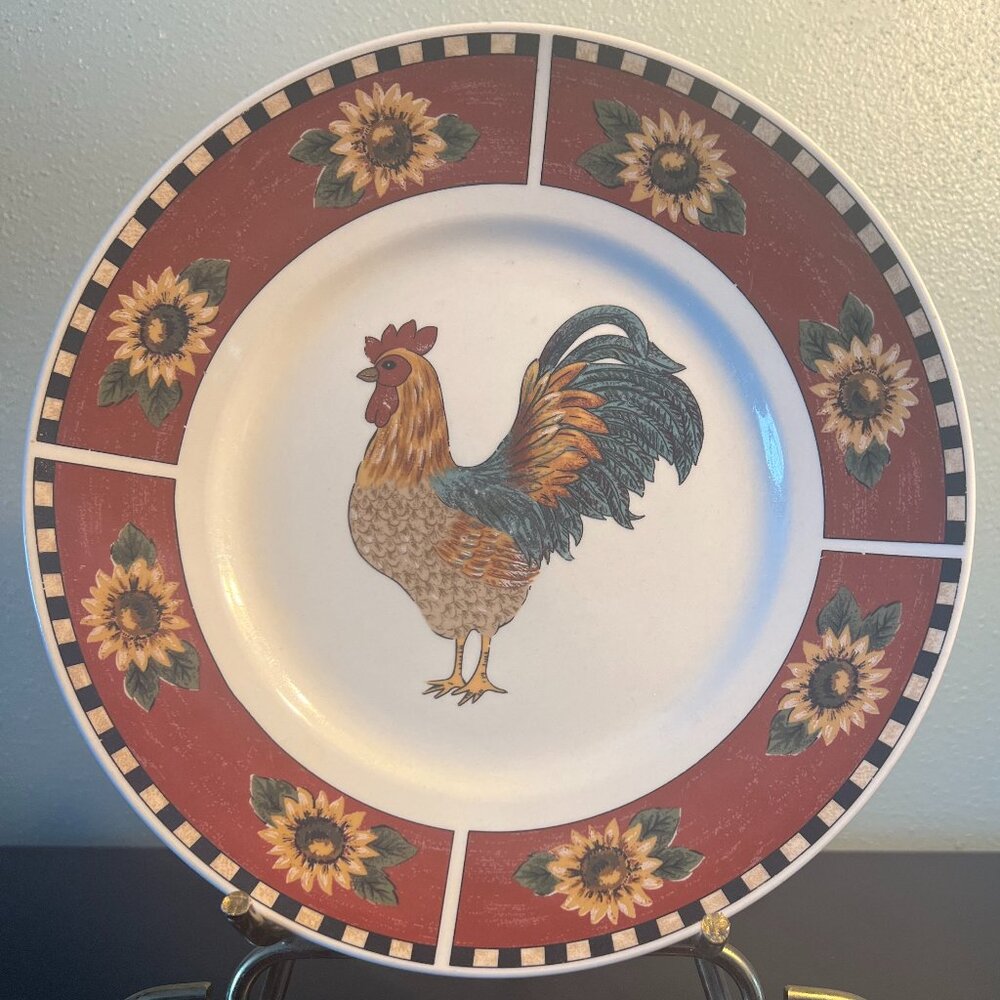 GIBSON Rooster Sunflowers 9" Stoneware Plate Lunch Salad Serving Dish Farmhouse